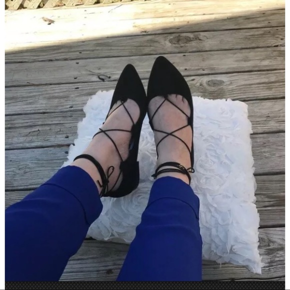 NEW Black Faux Suede Lace Up Pointed Toe Flats - Picture 4 of 4